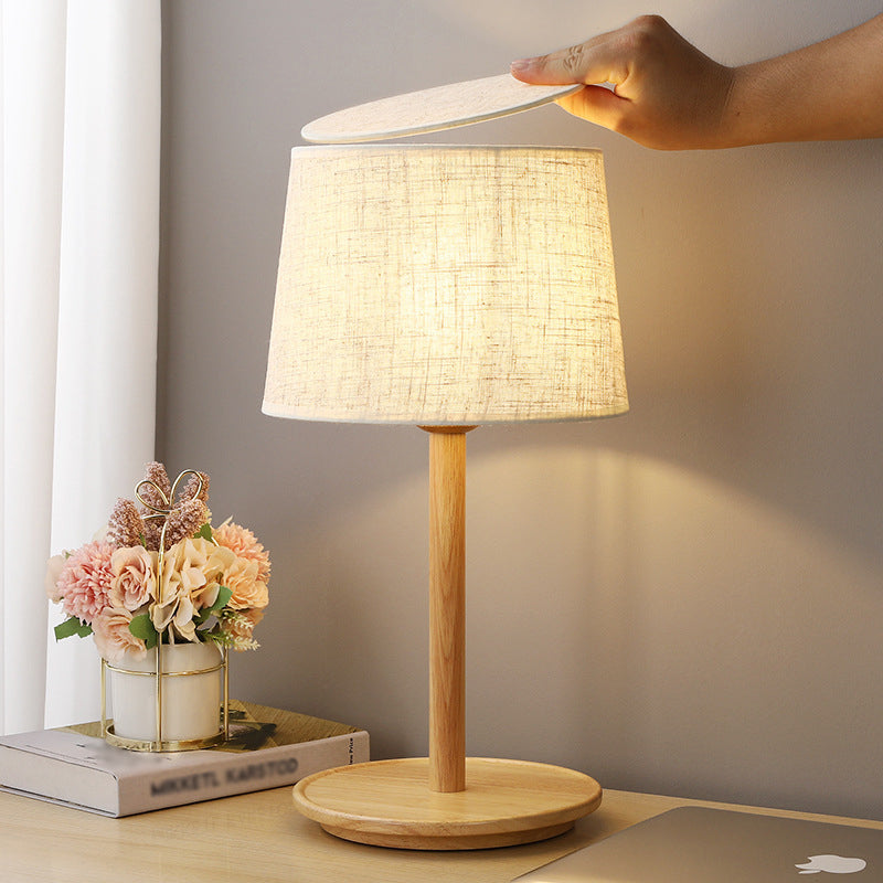 Modern Geometric Fabric Table Light With Single Wood Nightstand Base In Beige - Perfect For Bedroom