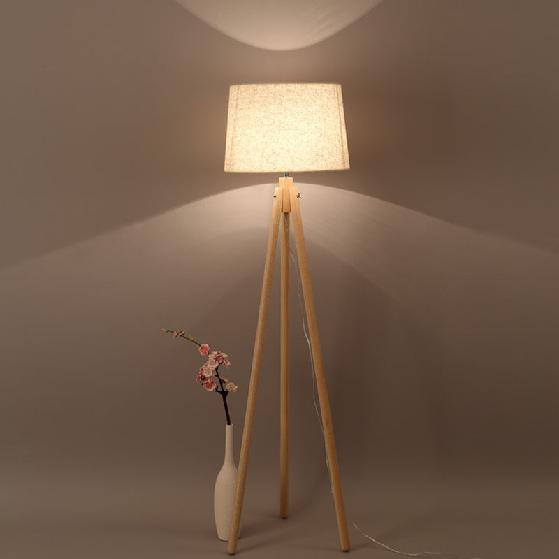 Modern Wooden Led Bedside Floor Lamp With Tripod Stand & Drum Fabric Shade Flaxen