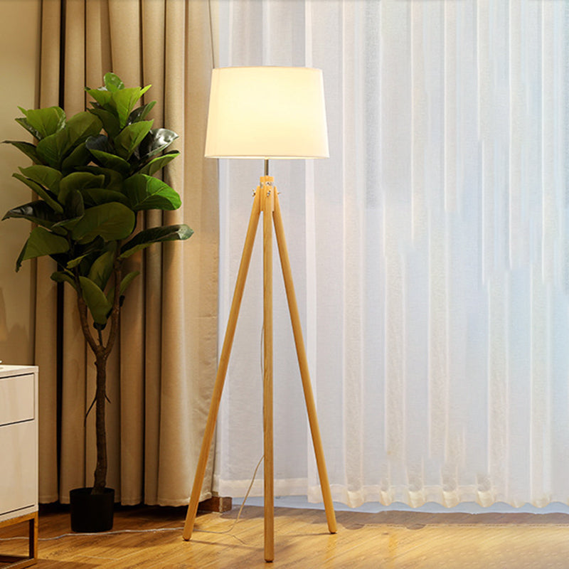 Modern Wooden Led Bedside Floor Lamp With Tripod Stand & Drum Fabric Shade Beige
