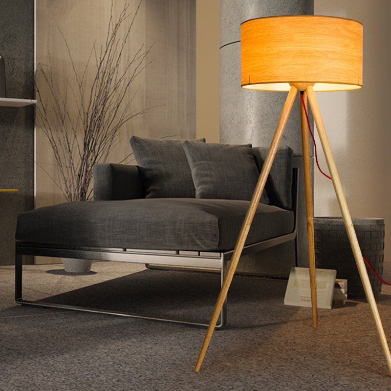 Simple Wooden Led Floor Lamp With Cylinder Shade Ideal For Bedroom - Beige Wood