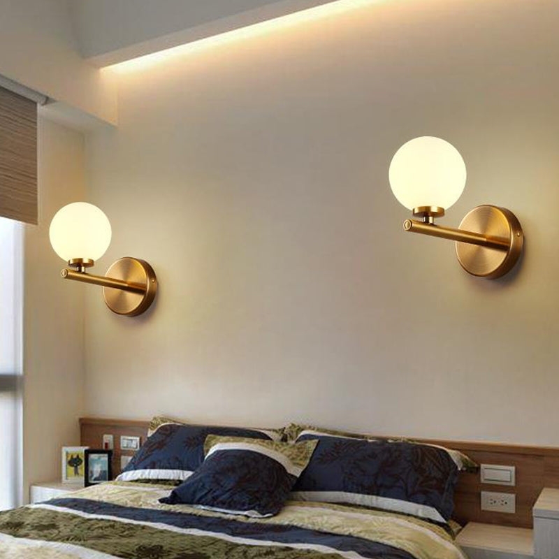 Contemporary White Glass Bedside Wall Light In Gold - Spherical Lighting Fixture 1 / A
