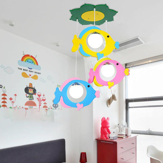 Kids Multi-Color Fish Pendant Light - 3 Lights Metal Ceiling For Cloth Shop Blue-Pink-Yellow