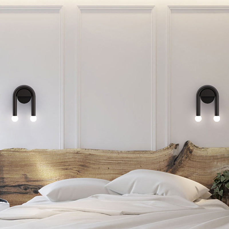 Contemporary U-Shaped 2-Light Black Wall Mounted Lighting With Opal Glass Shade