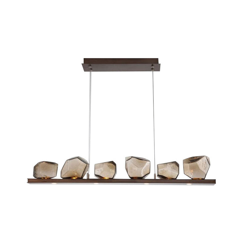 Amber Glass Stone Pendant Lamp - Minimalist 6-Bulb Island Fixture In Brown