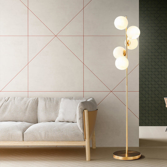 Modern Orb Floor Lamp: Milky Glass 5-Light Gold Lighting For Living Room