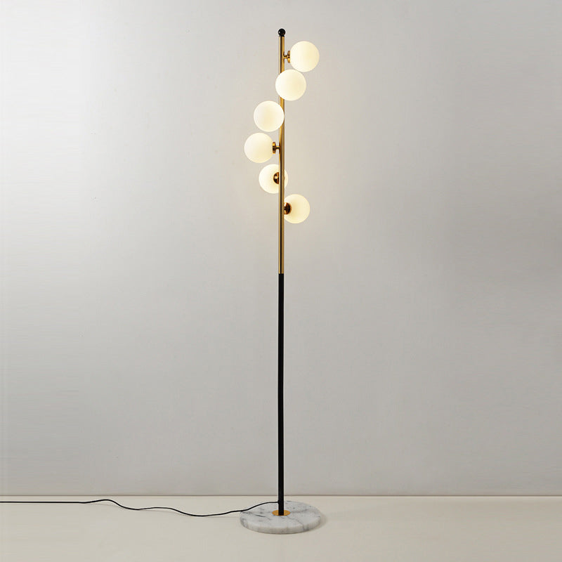 Minimalist Spiral Design - Gold And Black Ball Floor Lamp With 6-Bulb Cream Glass
