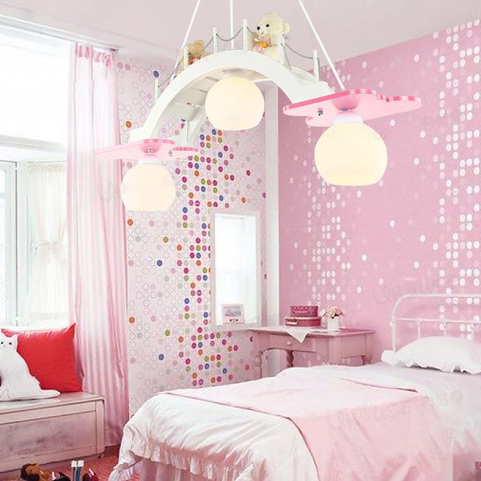 Cartoon Bridge Pendant Light With Toy Bear - 3 Lights Hanging For Girls Bedroom Pink