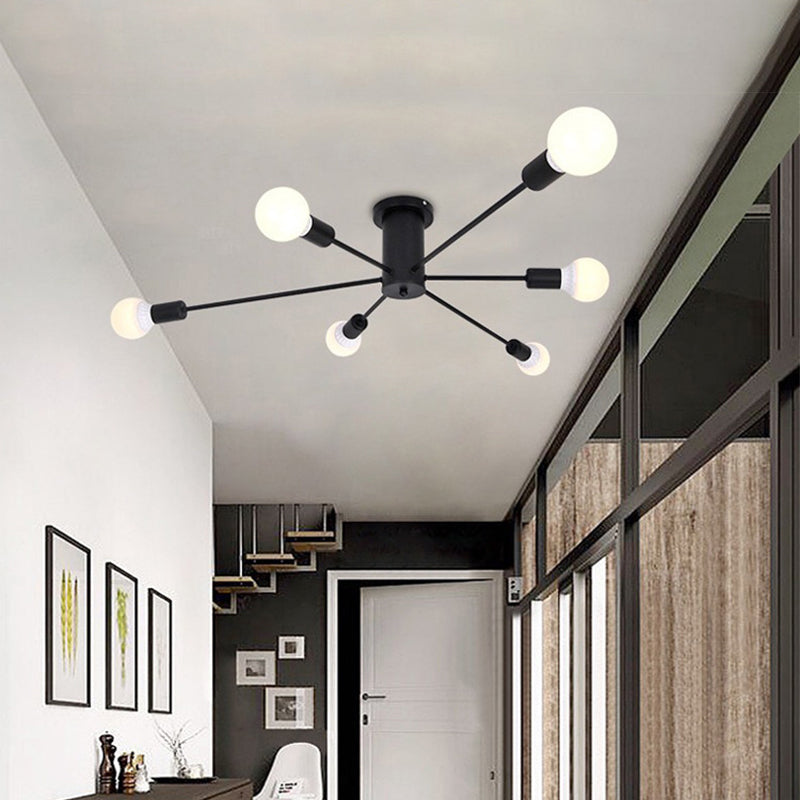 Sleek Sputnik Ceiling Light For Living Room - Metal Semi Flush Mount Chandelier 6 / Black