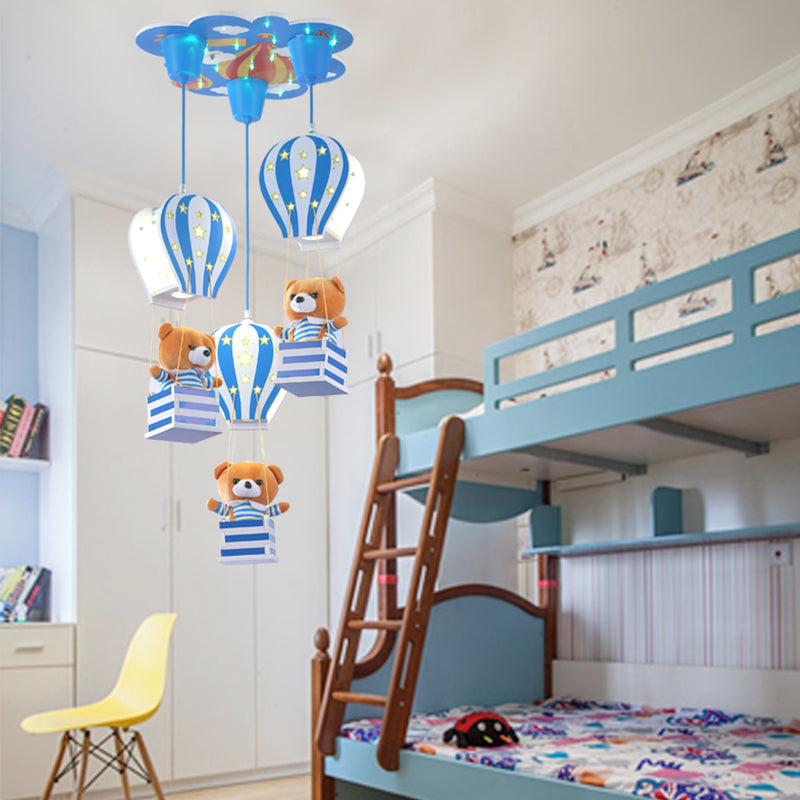 Contemporary Wood Bear Pendant Light - 3-Light Hanging Lamp For Baby Boys & Girls Bedroom Blue