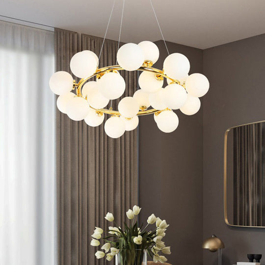 Simple Chandelier Light Fixture Kit: 25 Bulb Dining Room Hanging Lamp With Round Glass Shade / Gold