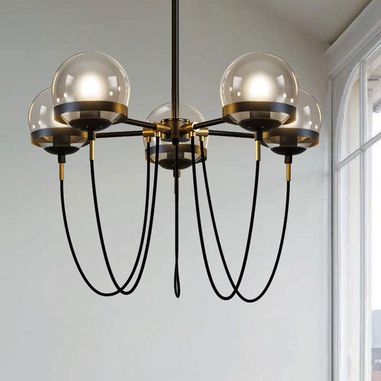 Modern Clear Glass 5-Head Pendant Chandelier with Curved Arm for Living Room - Bubble Drop Lamp