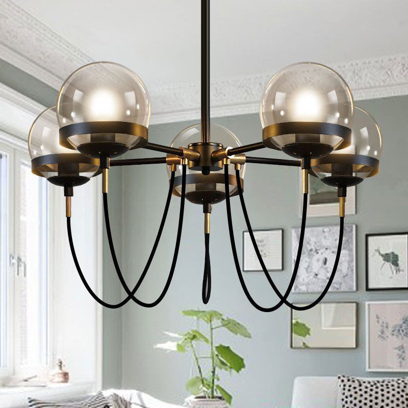 Modern Clear Glass 5-Head Pendant Chandelier with Curved Arm for Living Room - Bubble Drop Lamp