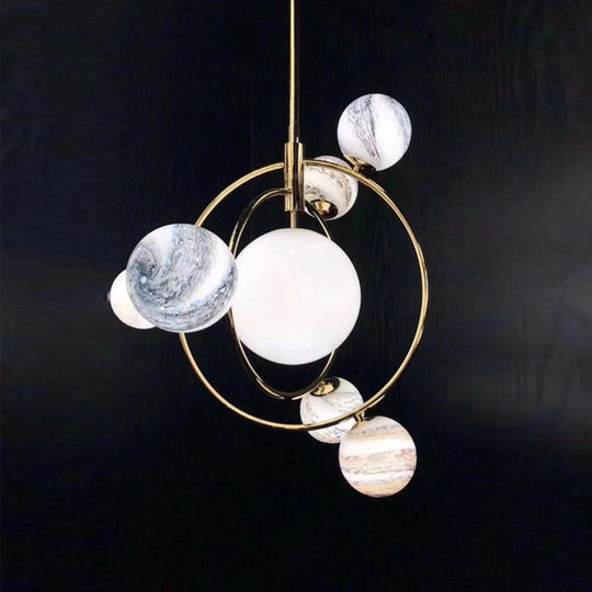 Stained Glass Drop Lamp - Elegant 7-Head Chandelier For Dining Room Simple Planet Orbit Design
