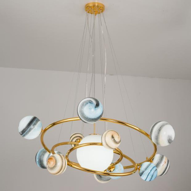 Stained Glass Drop Lamp - Elegant 7-Head Chandelier For Dining Room Simple Planet Orbit Design