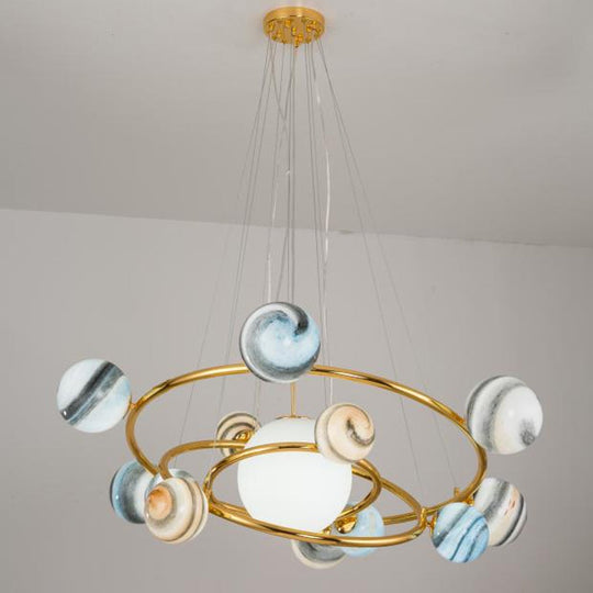 Stained Glass Drop Lamp - Elegant 7-Head Chandelier For Dining Room Simple Planet Orbit Design