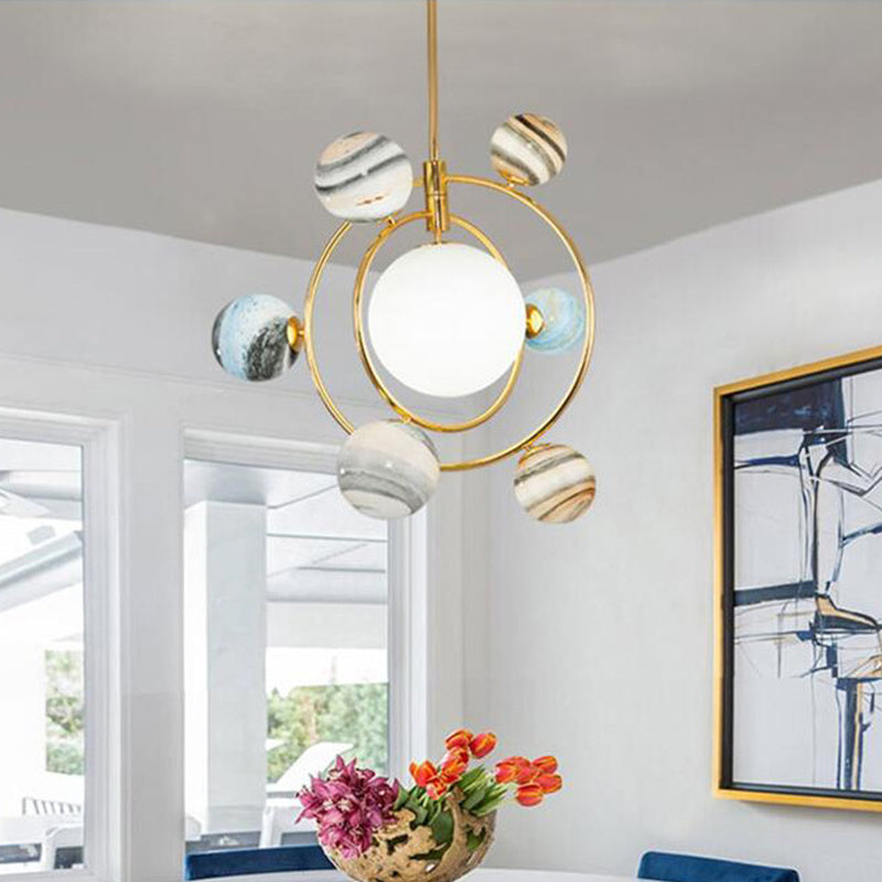 Gold Solar System Chandelier - Modern Stained Glass Pendant Light For Living Room 7 / Downrods