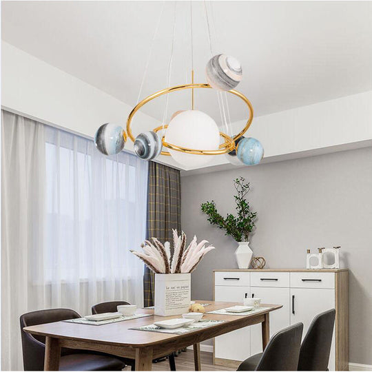 Solar System Chandelier Pendant Light Kit - Stained Glass, Modern Style, Gold - for Living Room