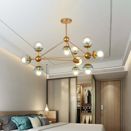 Contemporary Gold Chandelier With 10 Gradient Blue Glass Ball Lights For Bedroom