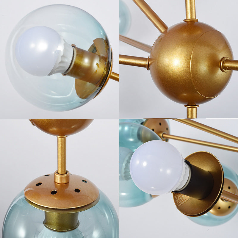 Contemporary 10-Head Gold Chandelier with Gradient Blue Glass Ball Pendant Lamp for Bedroom Lighting