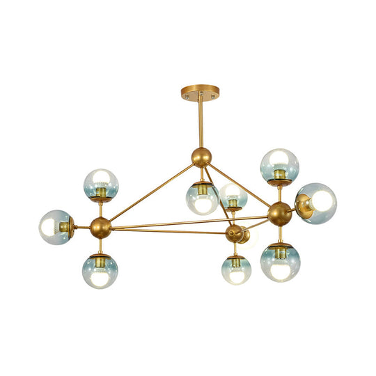 Contemporary 10-Head Gold Chandelier with Gradient Blue Glass Ball Pendant Lamp for Bedroom Lighting