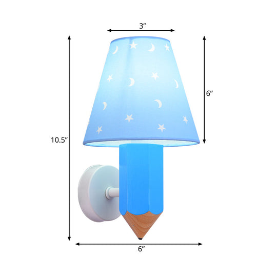 Blue Pencil Wall Light For Childs Bedroom - Modern Sconce With Tapered Shade