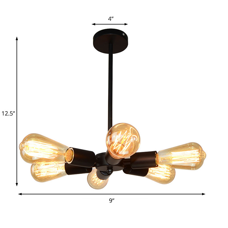 Sleek 6-Light Metallic Antique Chandelier Pendant With Sputnik Bare Bulb - Perfect For Living Room
