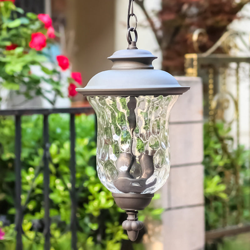Antique Style Outdoor Pendant Light - 3-Light Dimpled Glass Shade, Metal Hanging Lamp in Dark Gray