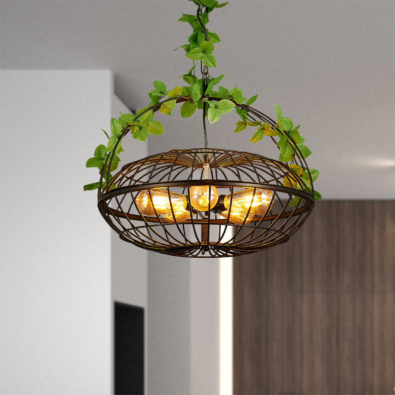 Industrial Black Metal Pendant Chandelier With Basket Cage Shade Set Of 5 Bulbs For Restaurant Or