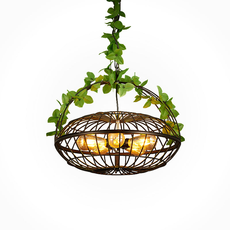 Metal Pendant Chandelier: 5-Bulb Industrial Black Basket-Cage Shade with Hanging Lamp and Plant – Ideal for Restaurants