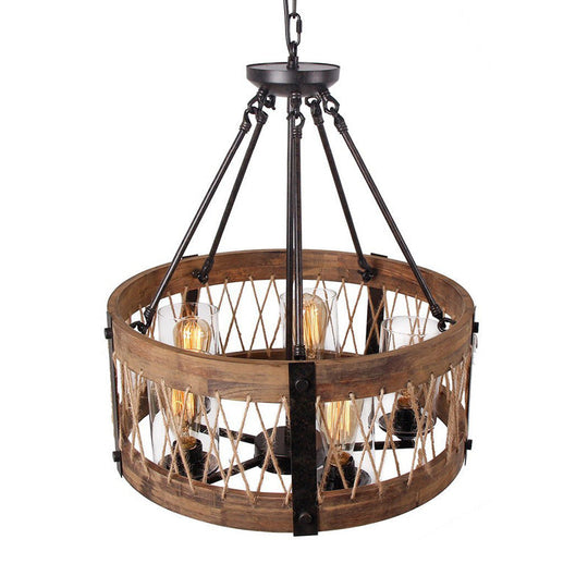 Retro Black 5-Light Metal Chandelier With Wooden Drum Pendant - Perfect For Dining Room