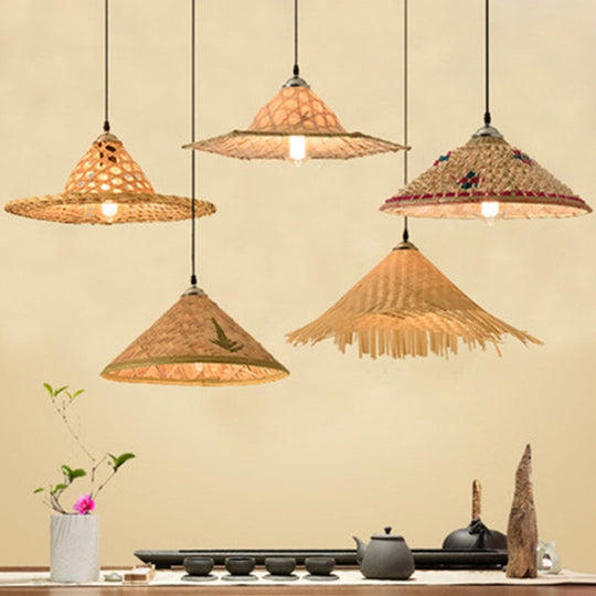 Wooden Asian Style Pendant Lamp With Bamboo Shade - Hangs 1 Bulb