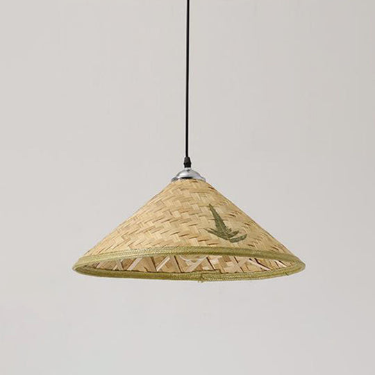 Wooden Asian Style Pendant Lamp With Bamboo Shade - Hangs 1 Bulb Wood / C