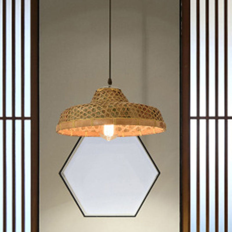 Asian Style Wood Straw Hat Pendant Lamp with Bamboo Hanging Light Fixture - 1 Bulb