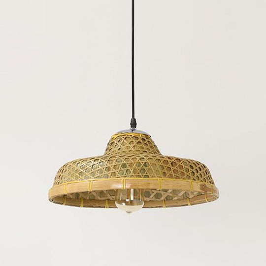Asian Style Wood Straw Hat Pendant Lamp with Bamboo Hanging Light Fixture - 1 Bulb