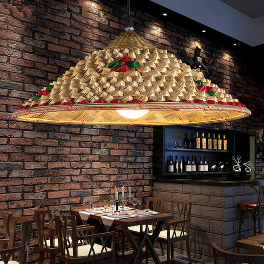 Asian-Inspired Bamboo Pendant Light For Restaurant With Coolie Hat Design And Wood Ceiling Hang / C