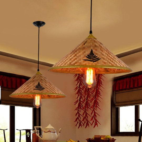 Asian-Inspired Bamboo Pendant Light For Restaurant With Coolie Hat Design And Wood Ceiling Hang / B