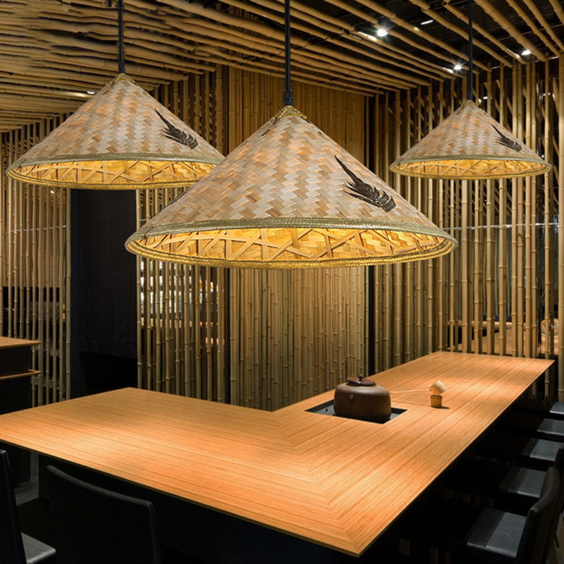 Asia Bamboo Coolie Hat Pendant Ceiling Light - Single-Bulb Wooden Hang Lamp for Restaurants
