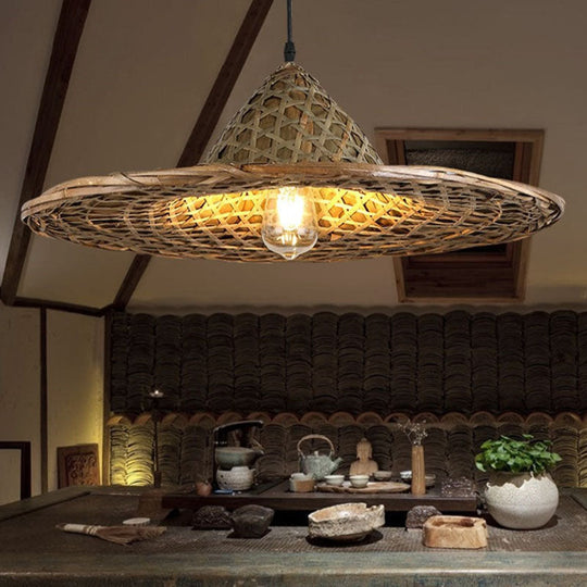 Asian-Inspired Bamboo Pendant Light For Restaurant With Coolie Hat Design And Wood Ceiling Hang / A