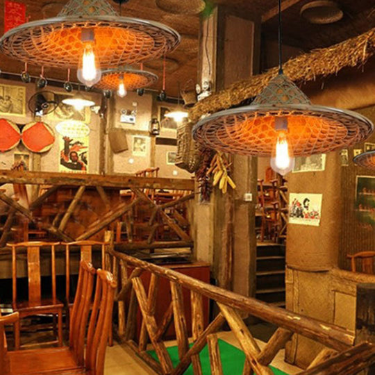 Asian-Inspired Bamboo Pendant Light For Restaurant With Coolie Hat Design And Wood Ceiling Hang