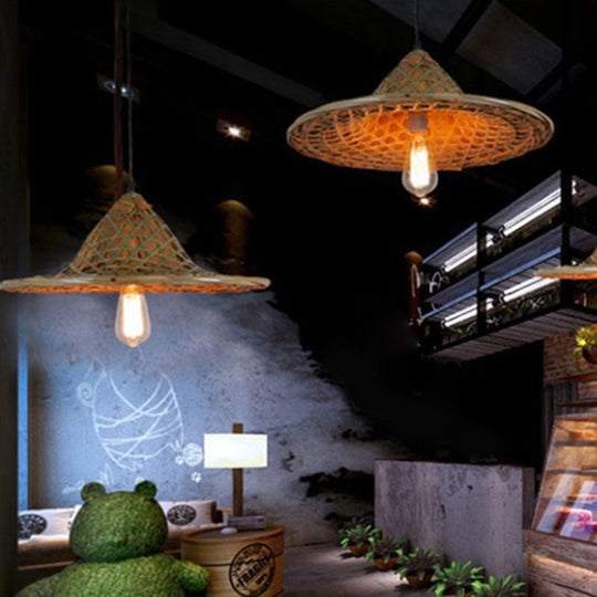 Asian-Inspired Bamboo Pendant Light For Restaurant With Coolie Hat Design And Wood Ceiling Hang