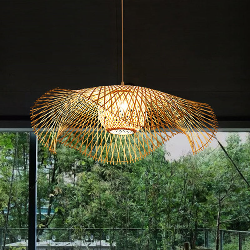 Wooden Asian Pendant Light With Bamboo Woven Floppy Hat Design - 1 Bulb Ceiling Hanging Lamp For