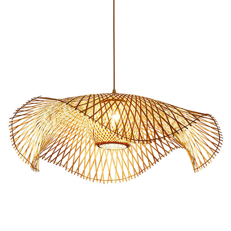 Wooden Asian Pendant Light With Bamboo Woven Floppy Hat Design - 1 Bulb Ceiling Hanging Lamp For