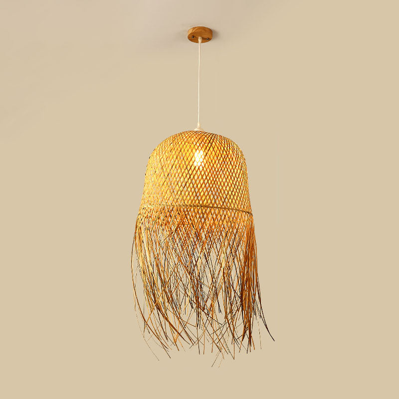 Asian Bamboo Weaving Dome Pendant Light With Fringed Wood Detail - 1-Light Ceiling Lamp For Dining