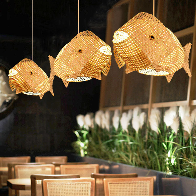 Bamboo Asian Ceiling Pendant: Fish-Shaped Wood Light For Restaurants