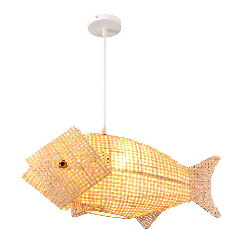 Bamboo Asian Ceiling Pendant: Fish-Shaped Wood Light For Restaurants