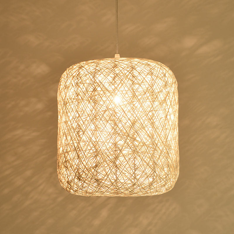 Chinese Style Rattan Hanging Pendant Lamp For Restaurants - Cylinder Ceiling Lantern With 1 Bulb