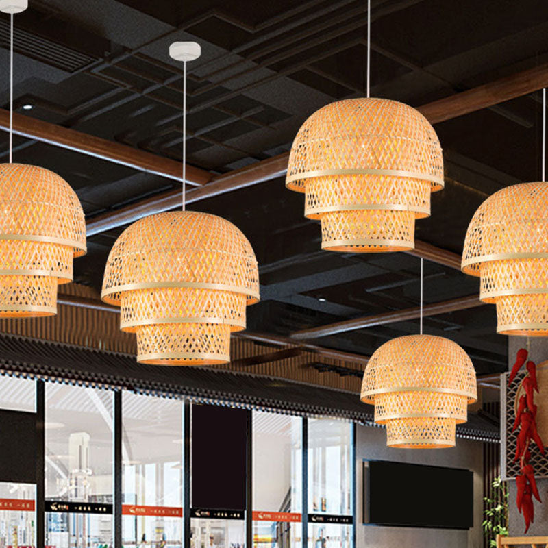 Asian Wood Pendant Lamp With Bamboo Shade For Restaurant Down Lighting