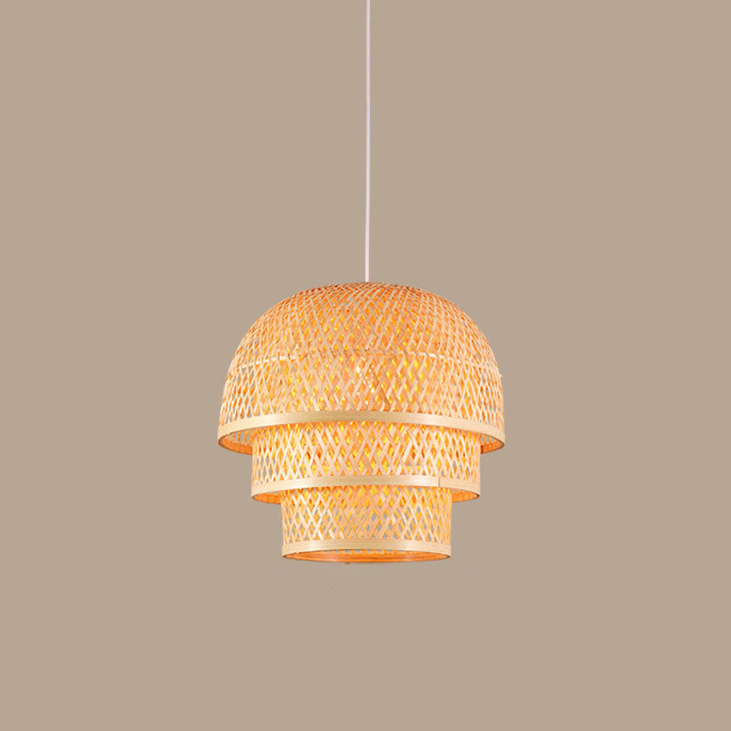 Asian Wood Pendant Lamp With Bamboo Shade For Restaurant Down Lighting