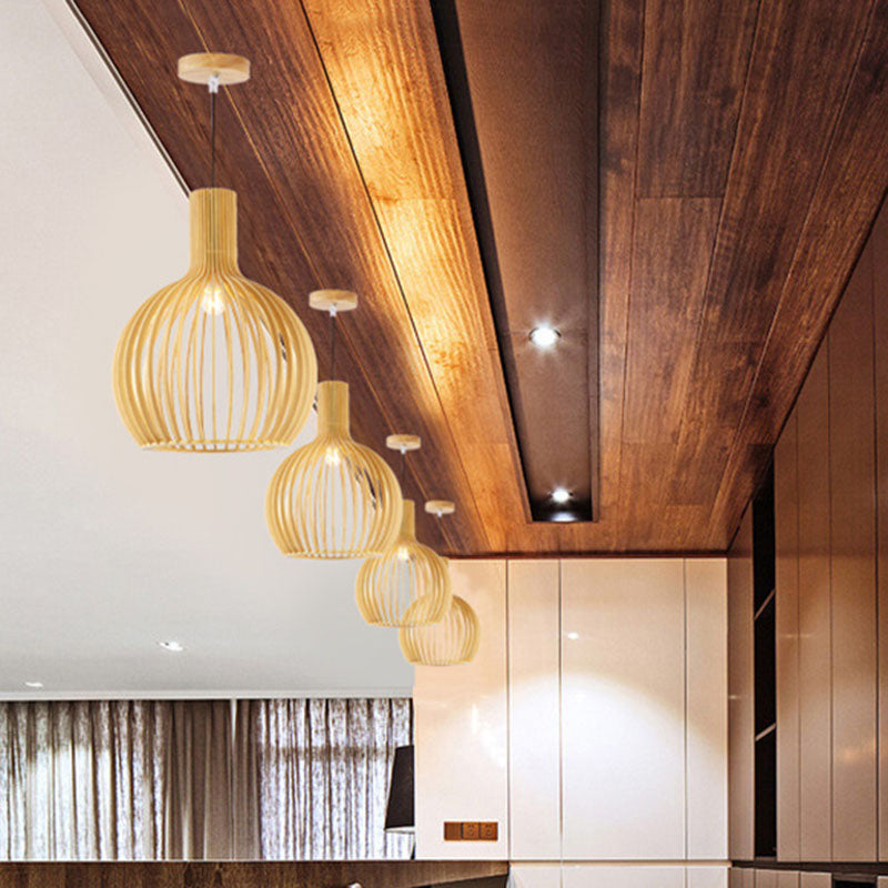 Bamboo Asian Pendant Light: Elegant 1-Bulb Wood Fixture For Dining Table