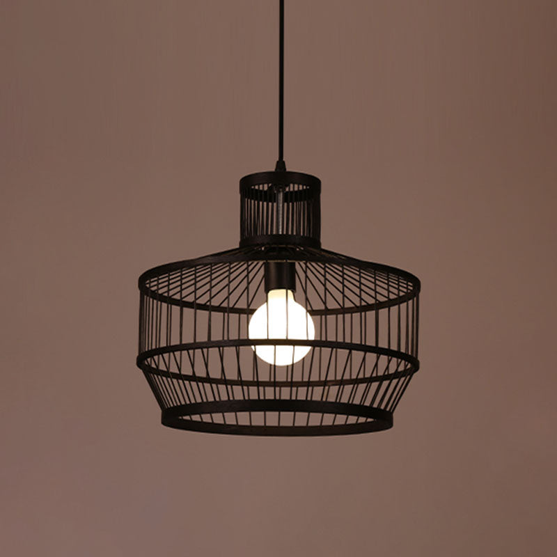 Bamboo Cage Pendant Lighting - Chinese Style 1-Light Black Ceiling Lamp